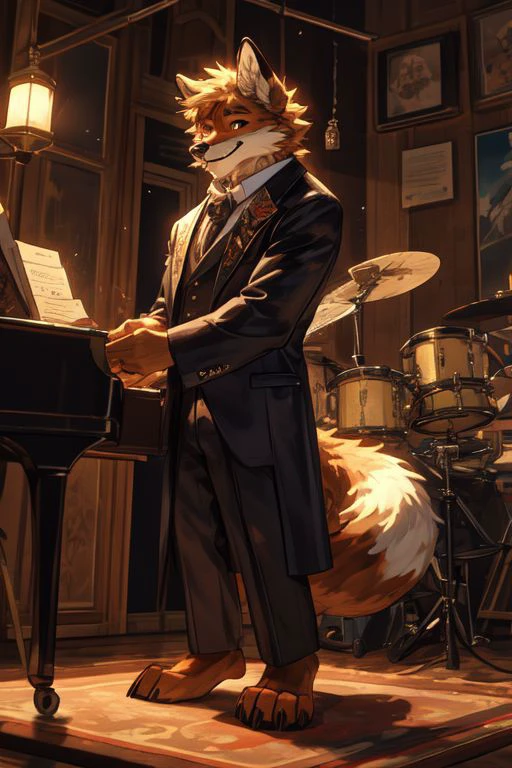 (((Barefoot furry character, full body, furry male, cinematic.)))
Passionate beefy fox conductor wearing a tailcoat and holding a conductor's baton. This fox represents the evil embodiment of music art as a school subject, depicting stereotypes and prejudices towards music teachers. Evil smile, gold colored iris of eyes, claret colored fur. Background is music class. It should include musical notes, sheet music, and instruments like pianos etc. Nice big feet paws.
BREAK, detailed background, 8K, (masterpiece:1.5), intricate details, highly detailed, extreme detail, octane render, Professional Photography, fine art, best quality, highres, (detailed face:1.5), ((full_body)), UHD, (((perfect hands)))