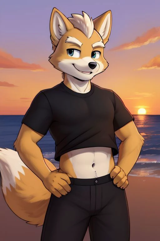 Furry Fox McCloud, black t-shirt, black pants, navel, carefree, happy, sunset, evening, hands on hips, tilted hip