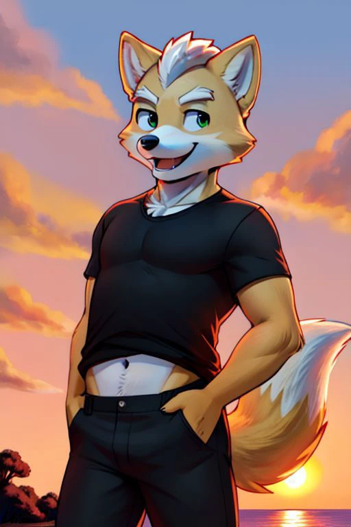 Furry Fox McCloud, black t-shirt, black pants, navel, carefree, happy, sunset, evening