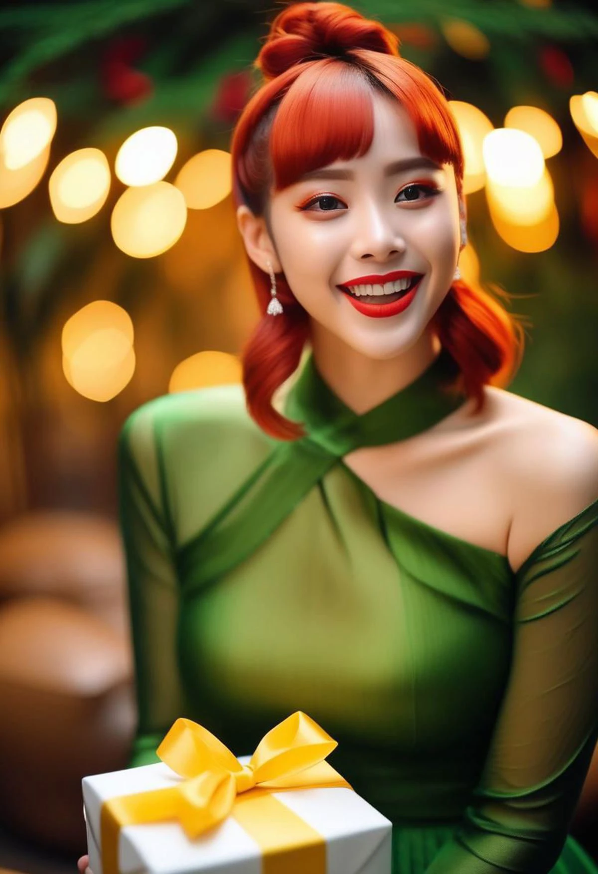 RAW photo, (green skin:1.6) full body 8k uhd,soft lighting, high quality, film grain, cinematic film still, ((((receiving present)))) , excited expression, (excited emotional display 1.6), happy, thankful, solid colored skin, painted skin, copper hair, (twin bun hair style 1.5), yellow eyes, red lips, yellow sclera, no pupils, curvy hips, narrow waist, toned, white gloves, elbow gloves, ((( red Christmas elf outfit white fur trims and cuffs1.3)), white thigh high leather boots, star belt, reindeer pelvic curtain, (nordic alien appearence 1.4), bare shoulders, solid eyes, turtleneck, taut_clothes, skin tight, adult fantasy art style , caustic lighting effects, god rays, (((heavy bokeh))) no elf ears