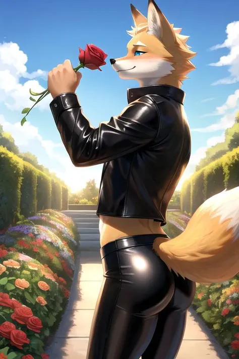 realistic, ubbp, fur, high quality, ultra romantic setting, many flowers, Fox McCloud in leather [male], solo, cropped black leather jacket, jacket closed, [stomach focus], gorgeous stomach, realistic blue eyes, fit and lean body, high resolution, tight leather pants, side view, sunny, afternoon, clear sky, flourishing garden, seductive look, cute butt, holding rose, blushed cheeks, combed hair, fox tail