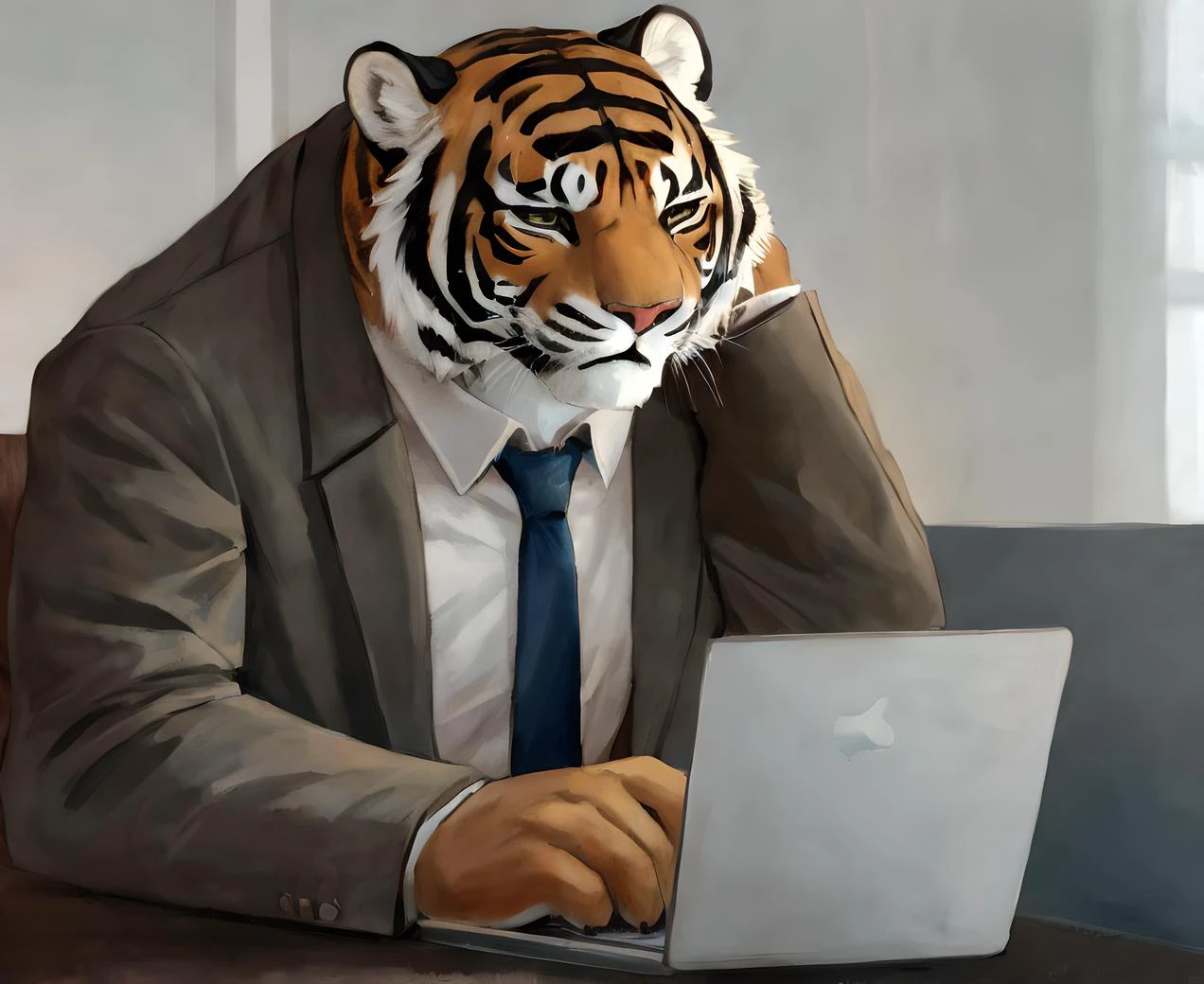 Furry, Furry male tiger, wearing a business suit, sitting behind a desk, stressed out, paw on head, laptop, expressive , masterpiece, HD, high quality, best quality, <lora:fluffyrock-quality-tags-v2.1.1-vpred:0.8> best quality, high quality,