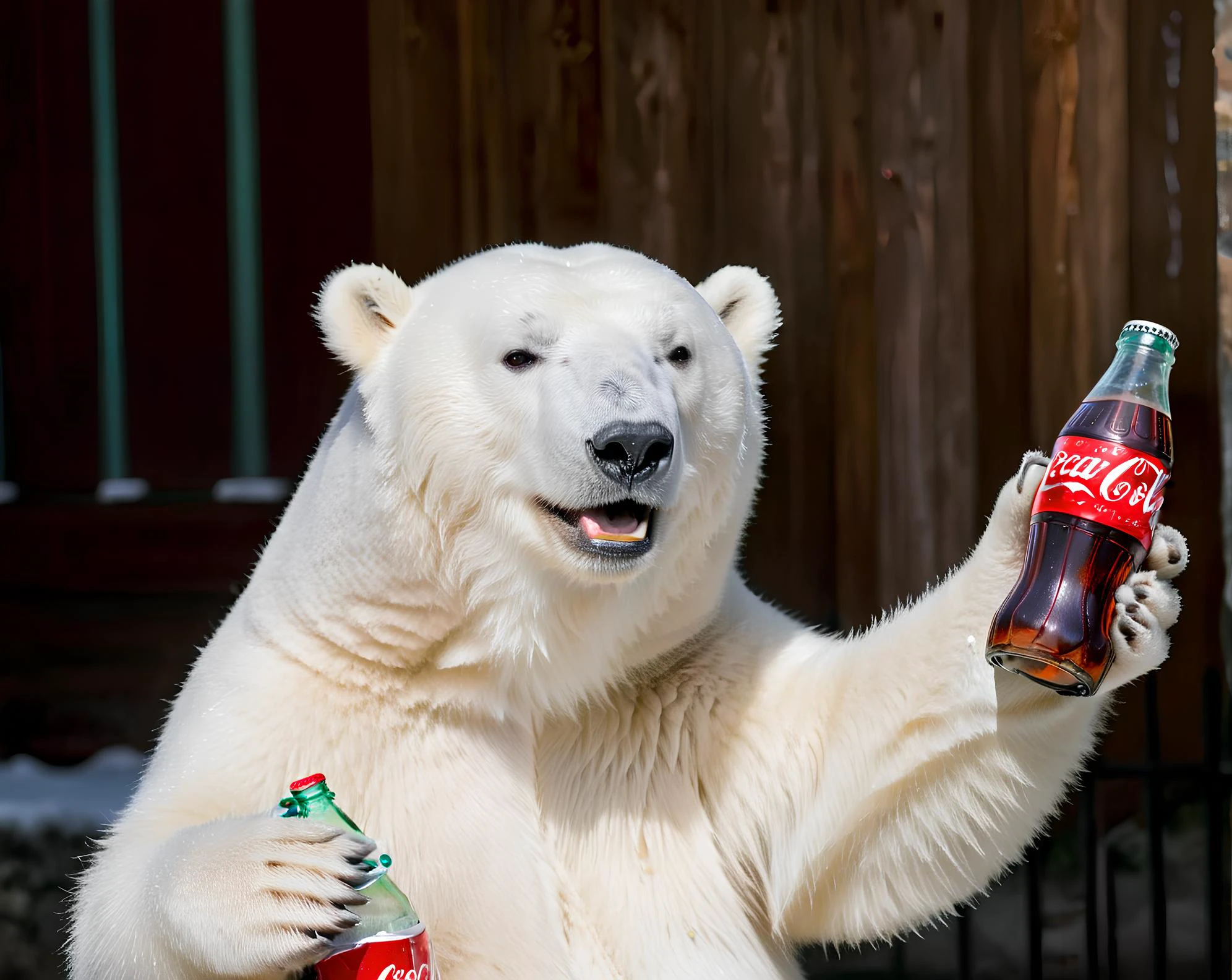 White Polar bear, artic, ice, snow, cold, smiling expressive, holding a bottle of Coca-Cola, <lora:FILM_PHOTOGRAPHY_STYLE:1> <lora:add-detail-xl:0.8> <lora:FF.102.colossusProjectXLSFW_49bExperimental.LORA:1> <lora:Harrlogos_v1.1:0.8> text logo