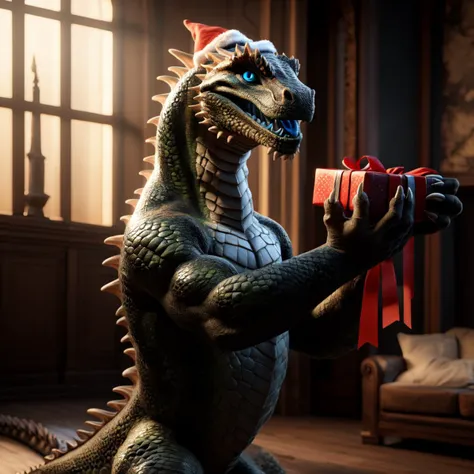 extremely detailed CG unity 8k wallpaper, realistic, masterpiece, highest quality, lens flare, (light sparkles), unreal engine, trending on ArtStation, Intricate, High Detail, dramatic, realism, beautiful and detailed lighting, shadows, anthro basilisk, (basilisk), detailed scales,realistic scales, solo,male,standing,looking excited,(happy), (black body), (silver belly), full body,snake tail,glowing blue eyes,slit pupils, looking at viewer,(wearing Santa Claus outfit),claws,blue eyes,digitigrade,claws,open mouth,glowing blue tongue,tongue out,forked tongue,blush,giving a Christmas present, basilisk giving a present to viewer, excited to give a present,