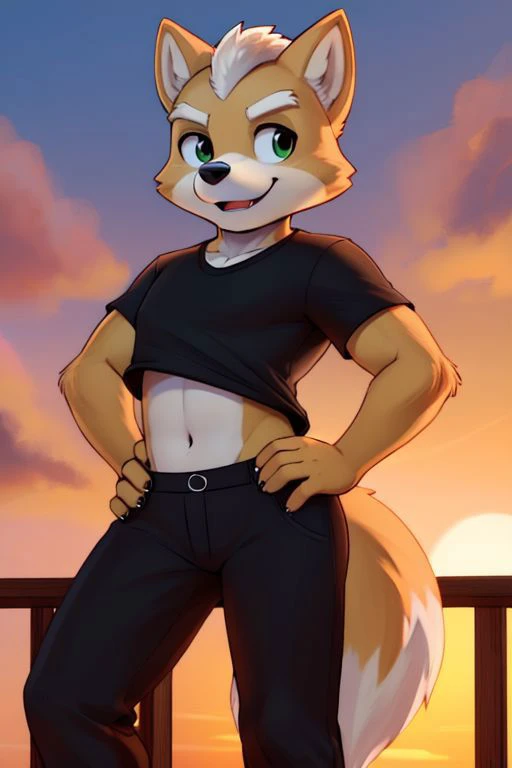 Furry Fox McCloud, black t-shirt, black pants, navel, carefree, happy, sunset, evening, hands on hips, tilted hip