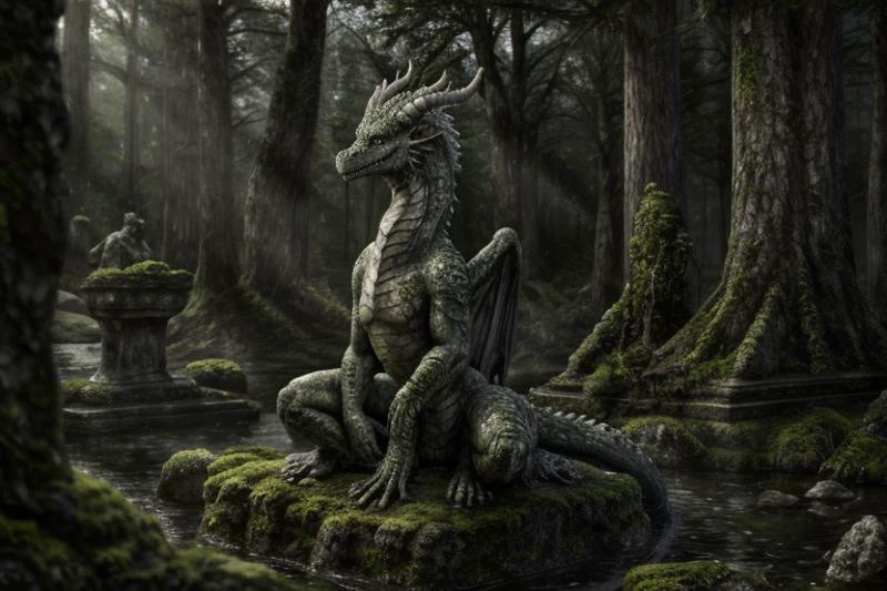 masterpiece, high quality
forest, ancient, moss covered, stone statue
draconic statue