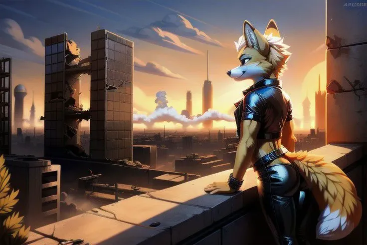 Realistic, realistic fur, high quality, Fox McCloud in leathers [male], cropped leather jacket with stomach exposed, peach fur with cream accents, peach fur pattern, fit and lean body, high resolution, tight leather pants, nuclear apocalypse setting, (by Hioshiru:0.9), side view,, leaning forward, cute butt, looking at city ruins, smoke in distance, sunny, afternoon, (by azoomer:1.0), clear sky,