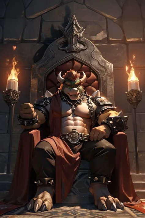 bowser,
leaning, sitting, head on hand, arm resting on chair, sitting on a throne, dark castle, sconces, torches on the wall, red carpet,