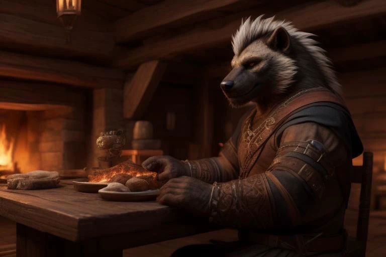 panorama establishing shot, realistic male anthropomorphic wolverine black countershading, brown eyes, 5 finger hands, 5 toe (plantigrade) feet without footwear. real fur, very tall two-tone spiked hair, seated in a medieval tavern facing a fireplace, no beverages on the table, He is wearing medieval fantasy adventurer clothing, (Sharp focus, 8k, intricate artwork, high detail), shot with canon camera,