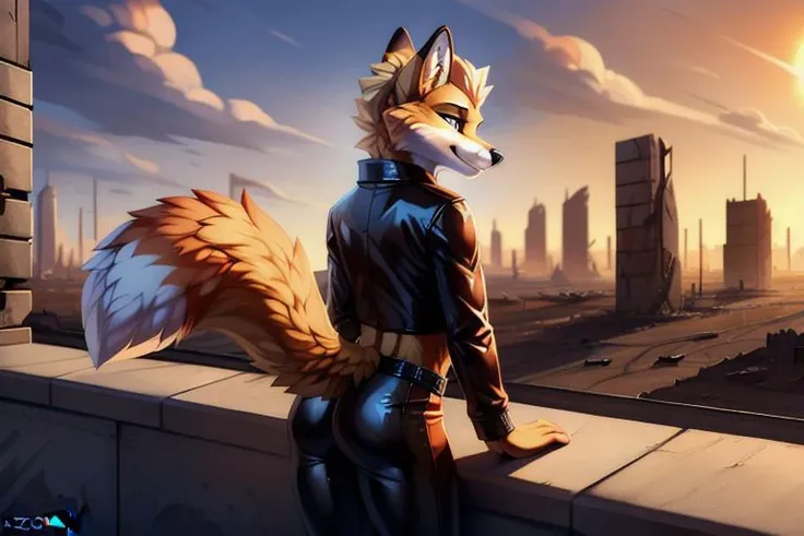 Realistic, realistic fur, high quality, Fox McCloud in leathers [male], cropped leather jacket with stomach exposed, peach fur with cream accents, peach fur pattern, fit and lean body, high resolution, tight leather pants, nuclear apocalypse setting, (by Hioshiru:0.9), side view,, leaning forward, cute butt, looking at city ruins, smoke in distance, sunny, afternoon, (by azoomer:1.0), clear sky,