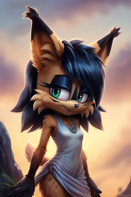 uploaded on e621, mobian, nicole the lynx, slim, female, FluffyStyle, fluffy, facial markings, small breasts, standing, digital drawing \(artwork\), by tenshigarden, by kohane01, by lostgoose, by foxovh, (masterpiece, best quality, 4k, 2k, intricate, high detail, detailed)