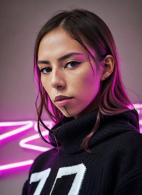 a photo of sks woman doing a modelshoot, modelshoot style, wearing black pullover with pink neon letters, posing for the camera, Sharp, 8k, <lyco:quannahChasinghorse:1.3>