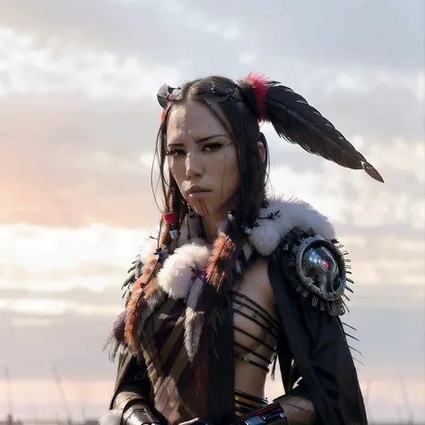 <lyco:quannahChasinghorse:1.3>, a bust shot portrait of sks woman wearing high tech (intricate assassin robes) with a feather in her hair, futuristic mechwarrior battle raging in the background, <lora:lovecraftstyle-000014:0.5>, Greg Rutkowski, photorealistic, masterpiece