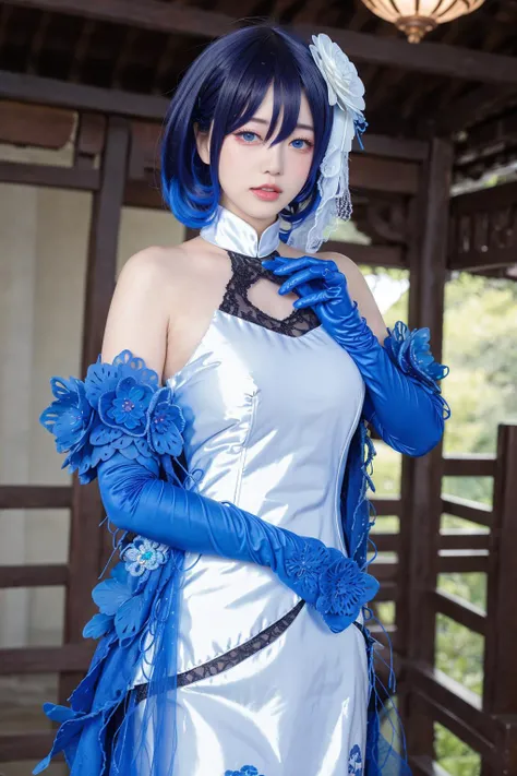 masterpiece, top-quality, Hi-Res, (((((Evil Fall))))),(((Creatureization))), (((Parasitized))),creature girl, Monster Musume, (((Leotard))),(Hollow eyes), (((Colossal tits))), (((neck tie))), ((Enamel material)), ((Glossy material)), (((1girl in))), ((独奏)), (((Standing picture))),Remu(Re:Life in another world starting from scratch), Blue hair, white thighhig, (((short-hair))), blue eyess, Hair above one eye, ((frilld)), ((garter strap)),full-body view