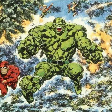 <lora:jackkirby1960s:1> green christmas card in the style of jackkirby60
