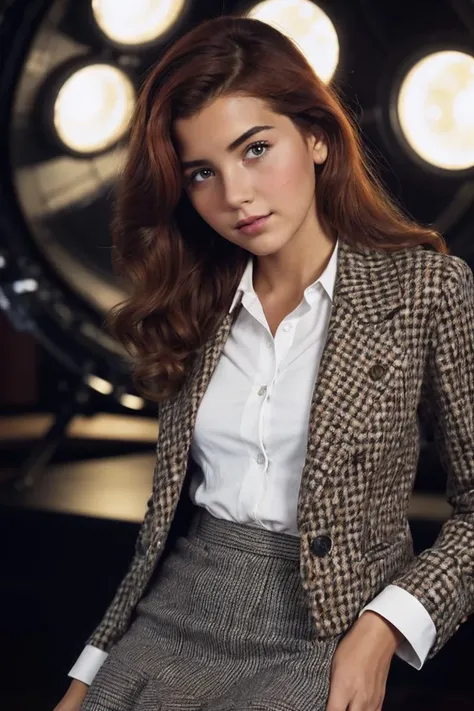 photo of Ag4th4V3g4_HM-135, a woman, perfect hair, (modern photo), wearing tweed coat, blouse, long skirt, 20mm short telephoto (analog, cinematic, film grain:1.3), Gas Giant Sky Platform, Floating platform in a gas giant with atmospheric views., detailed eyes, professional pose, (epiCPhoto), (looking at viewer:1.1), (cinematic shot:1.3), (short style lighting), OverallDetail, SkinHairDetail