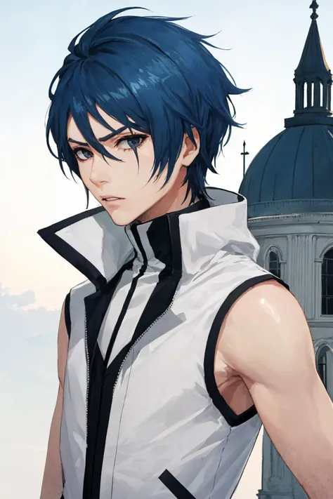 espada, 1boy, male focus, serious, parted lips, black eyes, blue hair, short hair, ((sleeveless, skull)), jacket, white jacket, upper body, capitol building, solo, <lora:Espada_style-09:1>