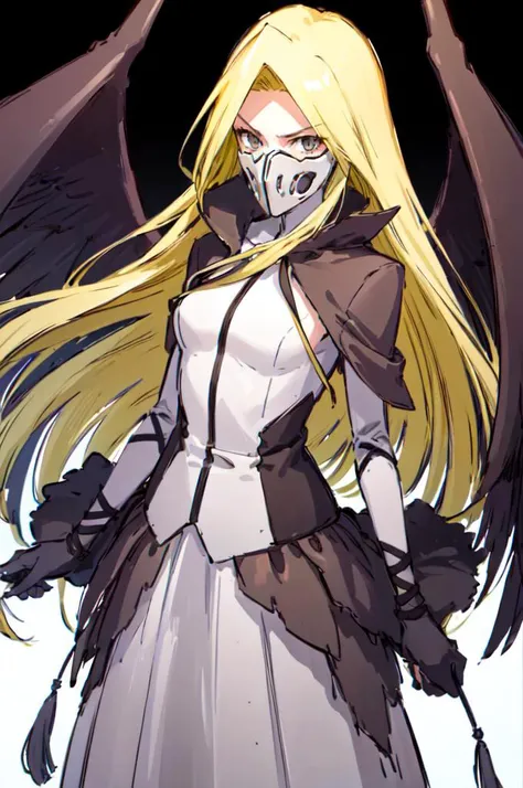 <lora:Espada_style:1> espada, skull, bone mask, half mask, <lora:RtPL-Malice:0.8> malice_(riviera), black_wings, blonde_hair, long_hair, gloves,, ultra detailed, masterpiece, best quality, aesthetic, detailed,, serious, 1girl, (white eyes:1.1), (grey eyes:1.3), white hair, very long hair, parted hair, parted bangs, <lora:parted_hair_v1.3:1.3>, medium breasts,