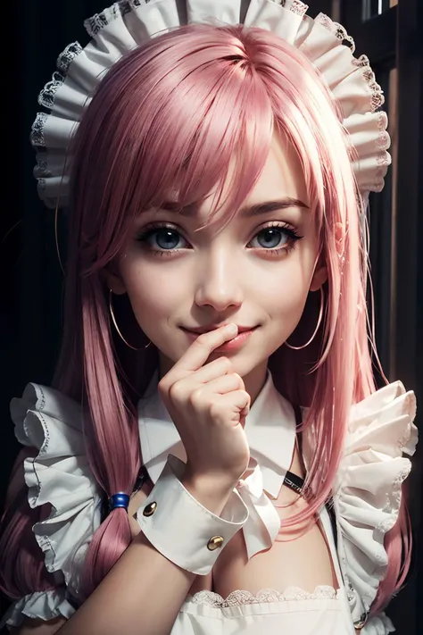 1girl, pink hair, maid, maid apron, wrist cuffs, upper body, tsurime, large breasts, milf, mature women, masterpiece, high quality, absurdres, cinematic lighting, sunbeam, large window, indoors, light smile,