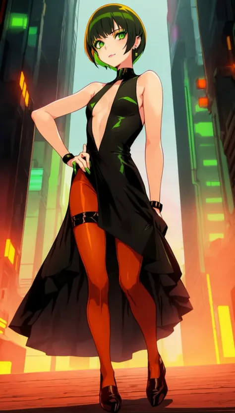 1girl,(small breasts), closed_mouth, cyberpunk, tan , earrings, green_eyes, jewelry, solo,(very_short_hair , black_hair , green_eyes , orange_lips , makeup:1.2),(black_dress,short_dress:1.3,bare_arms),pantyhose, <lora:gyokaiOnonoimokoArt_v10:0.5>