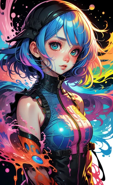 anime girl with blue hair, liquid colors, splash colors rainbow, close up, portrait, glowing colors, focus face in skin color, <lora:gyokai:0.4>