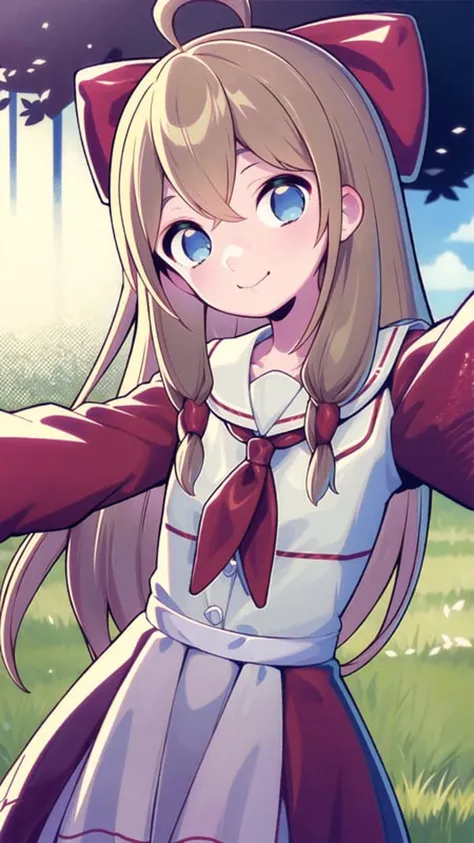 masterpiece, best quality, 1girl, solo, dynamic pose, light smile, meadow, reaching towards viewer, selfie,
<lora:jiaran:1>, jiaran, (official dress:1.5), blue eyes, hair, jacket, hair bow, neckerchief, <lora:gyokai:1>