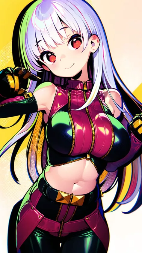 1girl, solo, long_hair, breasts, looking_at_viewer, smile, bangs, large_breasts, simple_background, red_eyes, gloves, cleavage, closed_mouth, jacket, white_hair, multicolored_hair, cowboy_shot, belt, blunt_bangs, bodysuit, gauntlets, yellow_background, cropped_legs, zipper, cropped_jacket, chaps,  <lora:gyokai:1>