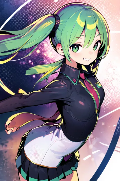 masterpiece, best quality, 1girl, solo, dynamic pose, cowboy shot, hatsune miku, green eyes, green hair, twintails, school uniform, arm behind back, evil smile, grin, from above, looking up, dynamic pose,
<lora:gyokai:1>
