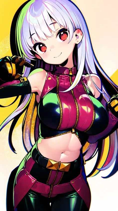 1girl, solo, long_hair, breasts, looking_at_viewer, smile, bangs, large_breasts, simple_background, red_eyes, gloves, cleavage, closed_mouth, jacket, white_hair, multicolored_hair, cowboy_shot, belt, blunt_bangs, bodysuit, gauntlets, yellow_background, cropped_legs, zipper, cropped_jacket, chaps, <lora:gyokai:1>