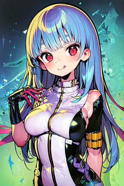 1girl, solo, long_hair, looking_at_viewer, smile, bangs, red_eyes, gloves, medium_breasts, blue_hair, upper_body, tongue, tongue_out, bodysuit, zipper, :q