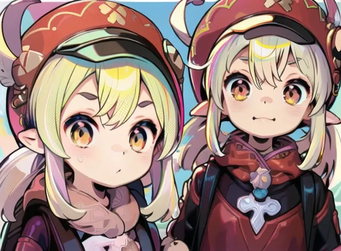 Backpack, (stuffed animal as backpack pendant), hat,klee (genshin impact) (cosplay), <lora:kleeGenshinImpact_kleeGenshinImpact:1> <lora:gyokaiOnonoimokoArt_v10:1>