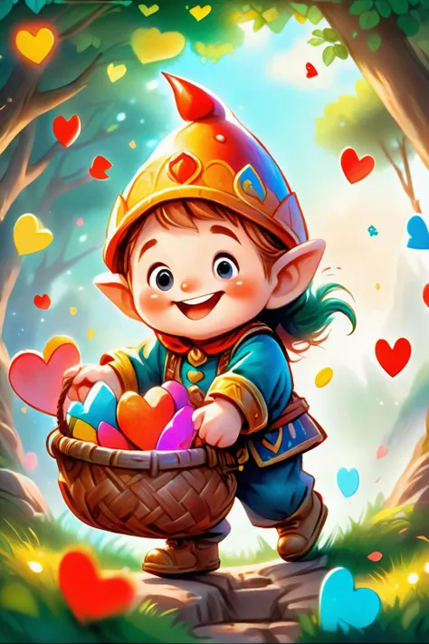 children's book illustration, masterpiece, a cute little dwarf throwing hearts out of a basket, huge happy smile, extremely detailed, 4k, hdr, <lora:SDXLFaeTastic2400:0.8> <lora:children huiben11-20231007:1> children's picture books,crayon paintings,blush