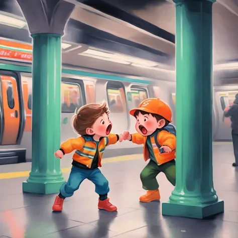 <lora:children huiben11-20231007:0.9> children's picture books, crayon paintings, blush, two screaming boys fighting in the subway station, columns and subway train on the background