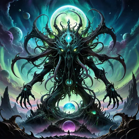 <lora:xl_more_art-full-xl:0.6>, <lora:add-detail-xl:2.0>, <lora:style-envyarcanexl01-xl:0.6>, arcane, <lora:style-envyawesomizexl01-xl:0.4>, awesomize, <lora:style-envyfantasticxl01-xl:0.6>, fantastic, <lora:style-envyprimordialxl01-xl:1.2>, primordial, <lora:style-envymagicalxl01-xl:0.6>, magical, famous artwork (by leo hao and chris achilleos and jean-franois millet:1.2), detailed expressive eyes, fantasy style, this image shows the many-clawed gumflayer, this wondrous dorxed creature, covered in bioluminescent quibberflitz and orbshnodder stands atop a linkturbining pile of erbelgunk, silhouetted against a mancfrubbled aurora-filled sky of planet new grinflob, hinting at its otherworldly nature, ultra detailed, ultra realistic, 8k, uhd