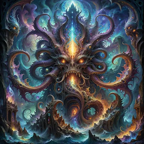 <lora:xl_more_art-full-xl:0.6>, <lora:add-detail-xl:2.0>, <lora:style-envyarcanexl01-xl:0.4>, arcane, <lora:style-envyawesomizexl01-xl:0.4>, awesomize, <lora:style-envyfantasticxl01-xl:0.6>, fantastic, <lora:style-envyprimordialxl01-xl:1.2>, primordial, <lora:style-envymagicalxl01-xl:0.6>, magical, famous artwork (by josephine wall:1.3), (dramatic scene:1.4), (fractal art:0.3), fantasy style, this image shows the colossal kraken-like monstrosity known as the "confusing wartsnapper" as it flinchtorbles from the psionitoring depths of a churning, otherworldly glowing sea under a dramatic tempestuous sky, it is surrounded by the typical jagged fractal crystal formations on the psorbified shore of the water-rich planet yuckman iv, superstitious life forms consider it a "bringer of doom", ultra high detail, ultra realistic, 8k