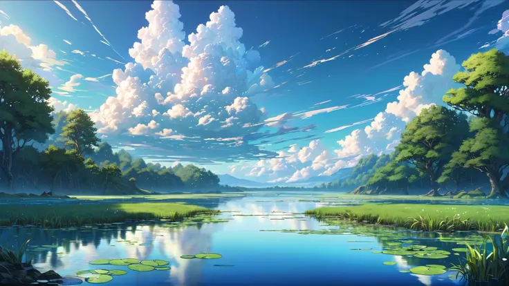 primordial, anime style, digital painting, morning, blue sky, clouds, scenery, in a Wetlands<lora:EnvyPrimordialXL01:1><lora:EnvyHazeSliderXL01:2>