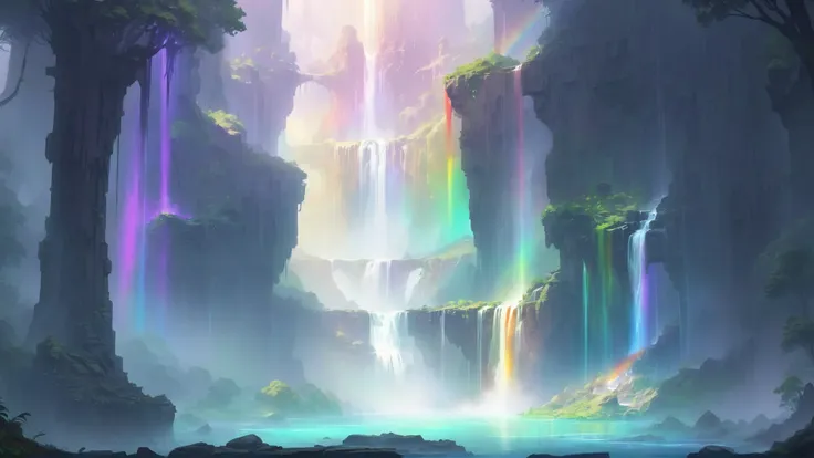 primordial, anime style, digital painting, Rainbow Falls<lora:EnvyPrimordialXL01:1><lora:EnvyHazeSliderXL01:1>, haze