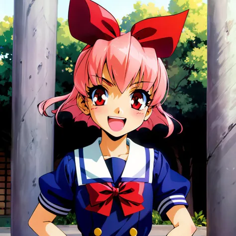 <lora:Takane_Momo:0.7>,<lora:add_detail:0.6>,<lora:noline:0.1>,<lora:boldline:-0.1>,smile,open mouth,
momo,1girl,soro,
pink_hair,short_hair,red_eyes,hair_bow,
(light blue school uniform:1.2),short sleeves,
nature,