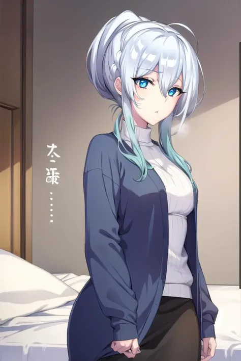 yukionayukino, <lyco:yukionayukino-lyco-nochekaiser:1>,
yuki ona yukino, long hair, bangs, blue eyes, hair between eyes, blue hair, ponytail,
BREAK skirt, long sleeves, black skirt, sweater, turtleneck, ribbed sweater, white sweater, cardigan, blue cardigan, open cardigan,
BREAK indoors, bed,
BREAK looking at viewer, (cowboy shot:1.5),
BREAK <lyco:GoodHands-beta2:1>, (masterpiece:1.2), best quality, high resolution, unity 8k wallpaper, (illustration:0.8), (beautiful detailed eyes:1.6), extremely detailed face, perfect lighting, extremely detailed CG, (perfect hands, perfect anatomy),