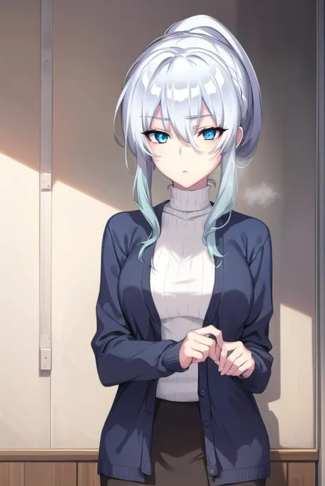 yukionayukino, <lyco:yukionayukino-lyco-nochekaiser:1>,
yuki ona yukino, long hair, bangs, blue eyes, hair between eyes, blue hair, ponytail,
BREAK skirt, long sleeves, black skirt, sweater, turtleneck, ribbed sweater, white sweater, cardigan, blue cardigan, open cardigan,
BREAK indoors, bed,
BREAK looking at viewer, (cowboy shot:1.5),
BREAK <lyco:GoodHands-beta2:1>, (masterpiece:1.2), best quality, high resolution, unity 8k wallpaper, (illustration:0.8), (beautiful detailed eyes:1.6), extremely detailed face, perfect lighting, extremely detailed CG, (perfect hands, perfect anatomy),