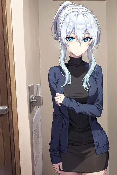 yukionayukino, <lyco:yukionayukino-lyco-nochekaiser:1>,
yuki ona yukino, long hair, bangs, blue eyes, hair between eyes, blue hair, ponytail,
BREAK skirt, long sleeves, black skirt, sweater, turtleneck, ribbed sweater, white sweater, cardigan, blue cardigan, open cardigan,
BREAK indoors, bed,
BREAK looking at viewer, (cowboy shot:1.5),
BREAK <lyco:GoodHands-beta2:1>, (masterpiece:1.2), best quality, high resolution, unity 8k wallpaper, (illustration:0.8), (beautiful detailed eyes:1.6), extremely detailed face, perfect lighting, extremely detailed CG, (perfect hands, perfect anatomy),