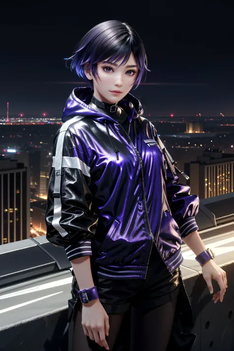 ((ultra detailed, masterpiece, absurdres))
<lora:T8Reina:0.9>
T8Reina, 1girl, short hair, purple hair, multicolored hair, overlooking the city from a rooftop bar at night, chic outfit, standing