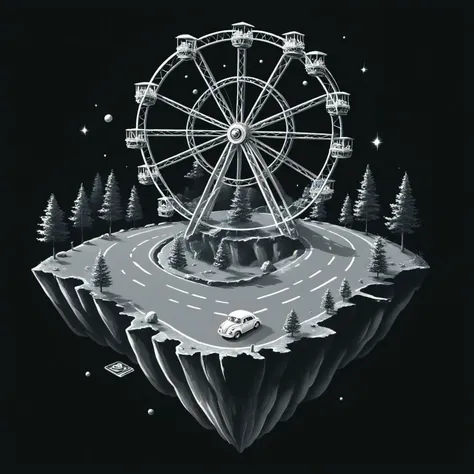 <lora:metal_tee_sdxl>,metal_tee,vector digital illustration,(black background:1.5),<lora:MinTattooXL-000034>,drawing of a minimalist tattoo,<lora:island_xl_floating:0.8>,floating island,surreal,Children's amusement park, Ferris wheel, cute car toy,road