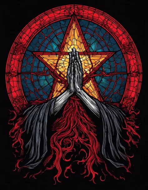 metal_tee, a stained glass window with a red pentagram and two hands reaching out towards it. The hands are covered in blood, and the scene is set against a black background., vector digital illustration, (black background:1.5) <lora:metal_tee_sdxl:1>