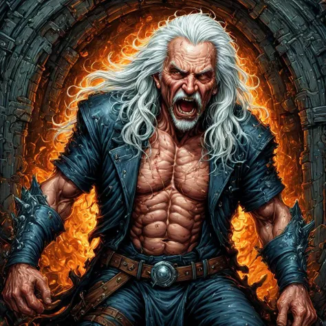 <lora:metal_tee_sdxl:4> metal_tee, full body, old man, muscular, 70 year old, crazy happy, angry unstable, intense look, long white hair, medieval Cronenberg, dungeon, fitness, studded leather armor, 8k ultra detailed, alphonse mucha, Donatio Giancola