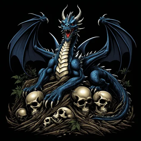 <lora:metal_tee_sdxl:0.8>,metal_tee,vector digital illustration,(black background:1.5),A giant dragon sleeps on a pile skull,, (masterpiece, best quality, high quality, highres, ultra-detailed),