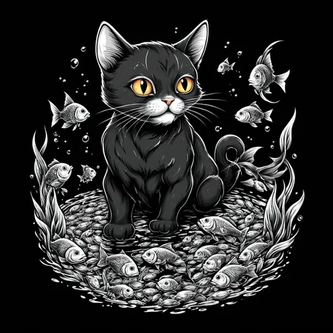 <lora:metal_tee_sdxl>,metal_tee,vector digital illustration,(black background:1.5),<lora:MinTattooXL-000034>,a cat surrounded by fish,, (masterpiece, best quality, high quality, highres, ultra-detailed),