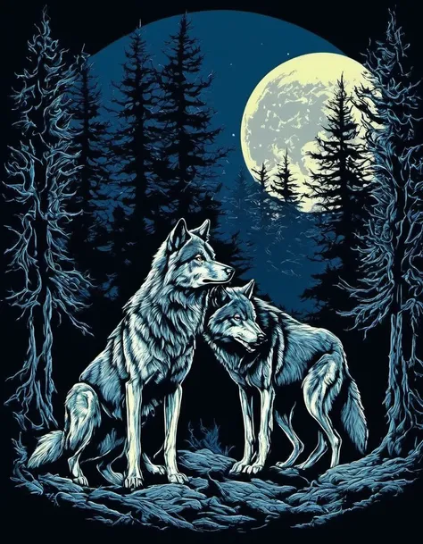metal_tee, a wolf and two wolves in a forest under a full moon. The wolf is the dominant wolf, with one wolf on the left side and the other on the right. The scene is set against a dark blue background, vector digital illustration, (black background:1.5) <lora:metal_tee_sdxl:1>