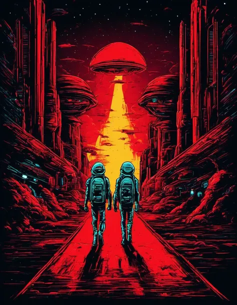 metal_tee, a colorful scene with two aliens walking down a red carpet towards a futuristic building. The aliens are carrying backpacks and appear to be in a futuristic setting. There are several other aliens in the scene, vector digital illustration, (black background:1.5) <lora:metal_tee_sdxl:1>