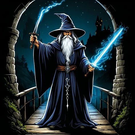 <lora:metal_tee_sdxl:0.8>,metal_tee,a wizard holding a sword,standing in front of a bridge,casting spell,vector digital illustration,(black background:1.5),, (masterpiece, best quality, high quality, highres, ultra-detailed),